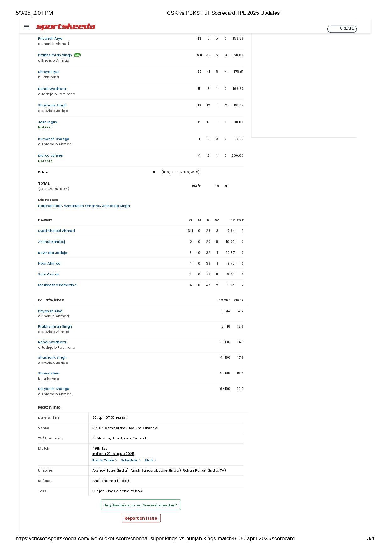 CSK vs PBKS 2025 scorecard.
